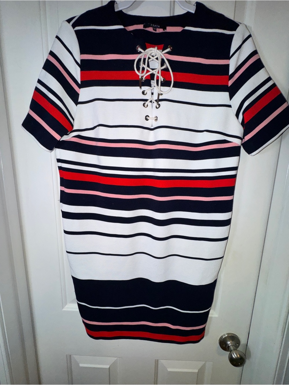 FRNCH Lace-Up Striped Mini Dress in Navy, White, Red & Pink. Size S/M. Americana